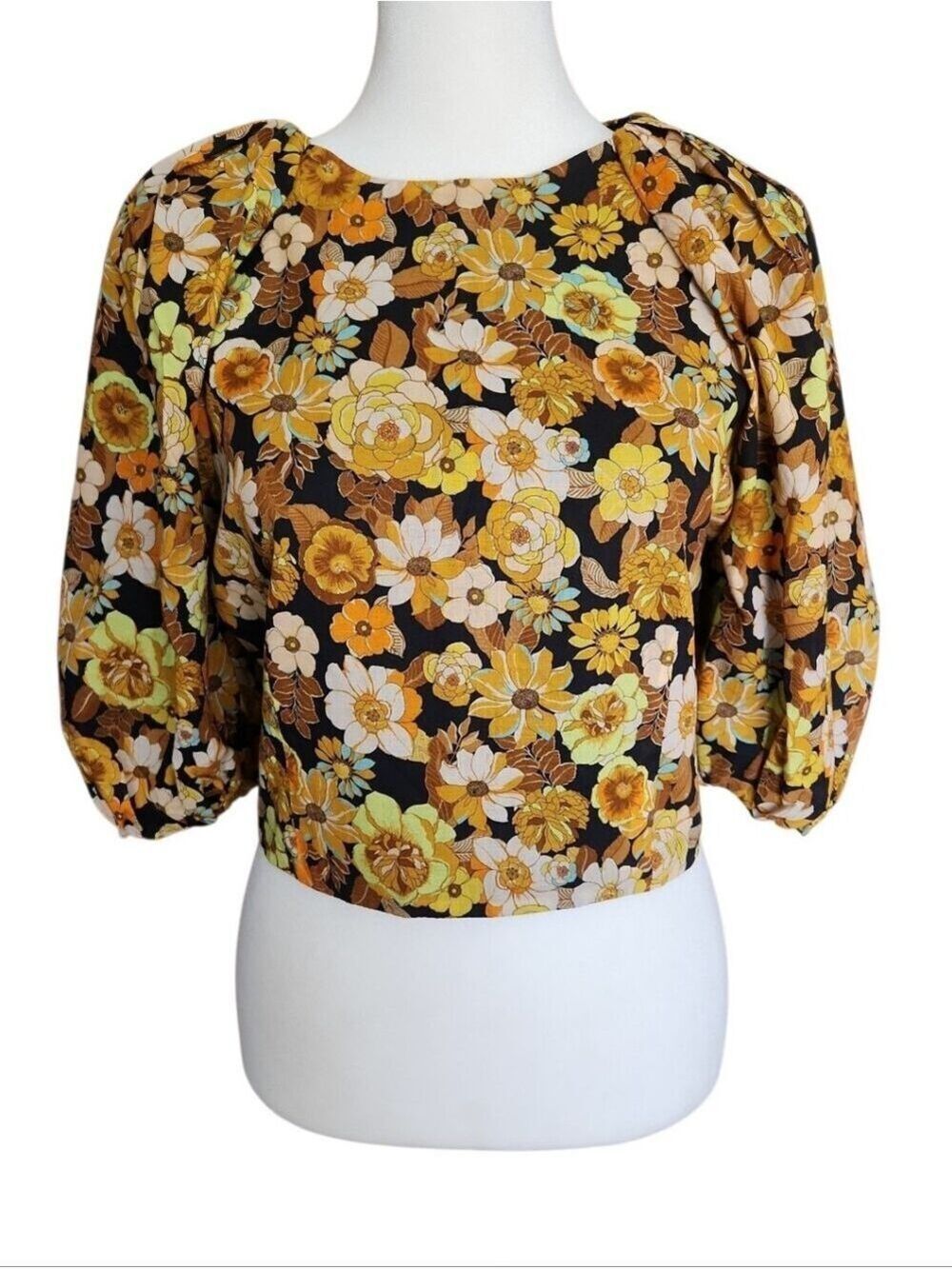 TOPSHOP RETRO FLORAL PUFF SLEEVE CORSET BACK CROP BLOUSE TOP SIZE 8/10 LIKE NEW